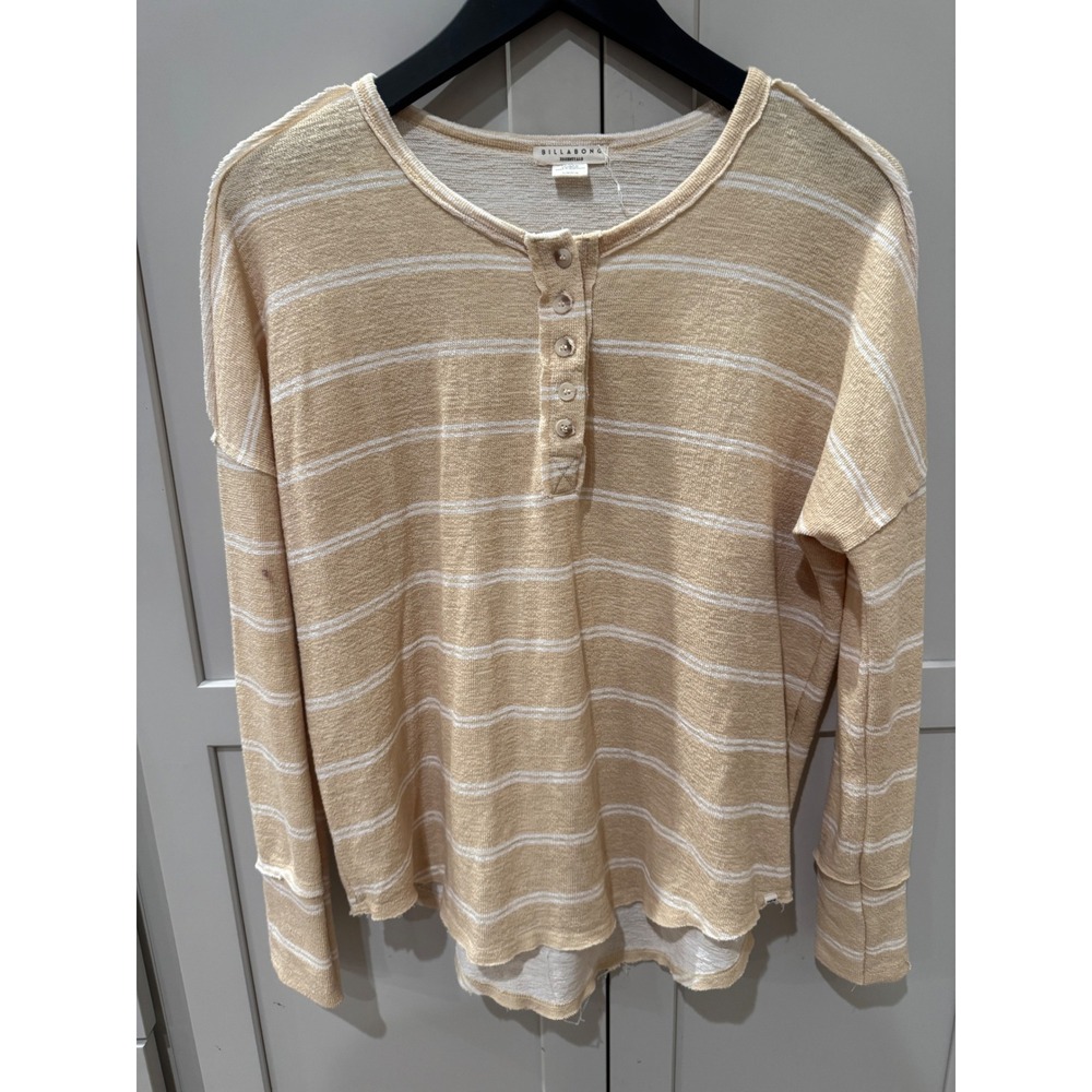 Billabong Essentials Womens Yellow White Striped Long Sleeve Henley Top Small